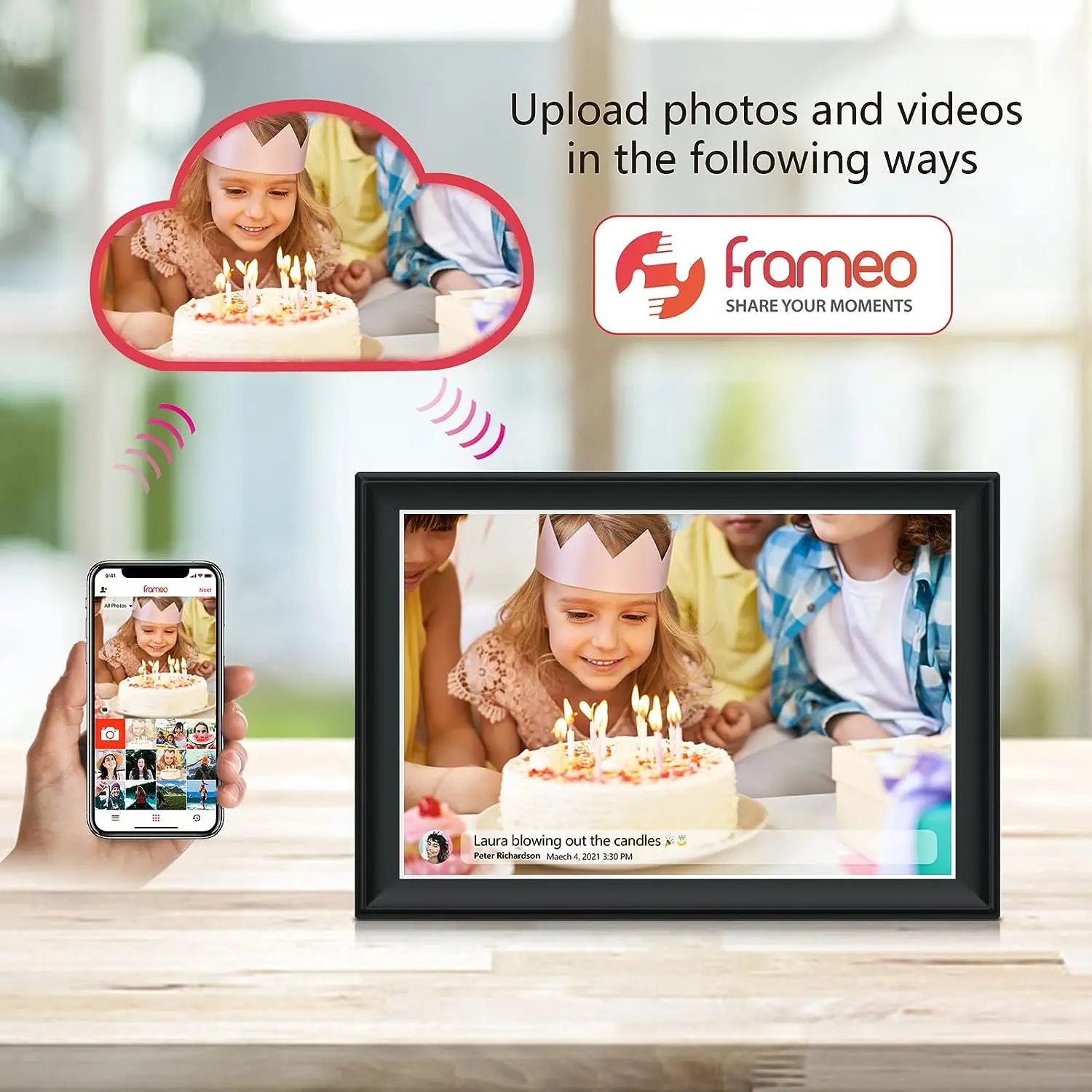Умная фоторамка 2,4G/5G WiFi, цифровая фоторамка 10,5 дюйма IPS 1920x1280 Full HD, сенсорный экран, встроенная память 64 ГБ с помощью приложения rubbero