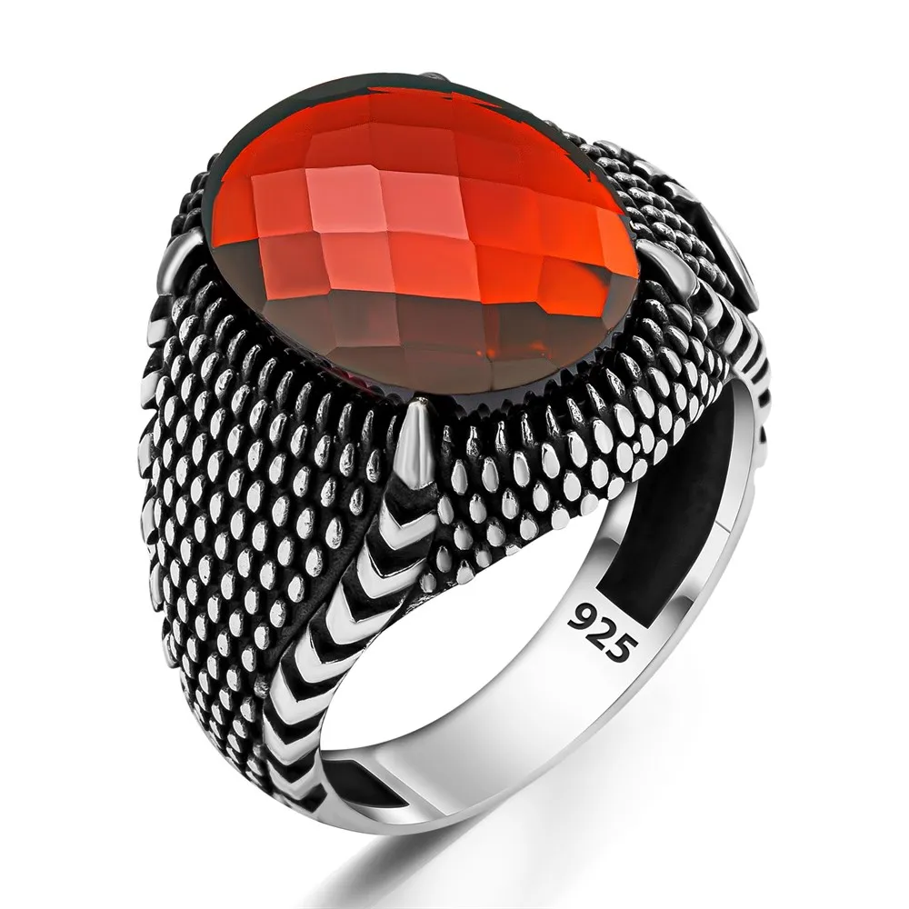 Elegant Stamped Solid 925 Sterling Silver Eagle Claw Motif Red Zircon Stone Men's Ring Punk Chic Accessory Handmade Jewelry Gift