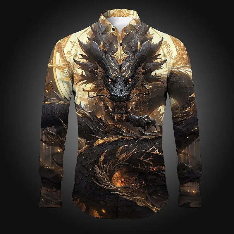 Men\'s Casual Spring and Summer Long Sleeve Lapel Multicolor Dragon Series 3D Digital Printing Four-Way Stretch Fabric