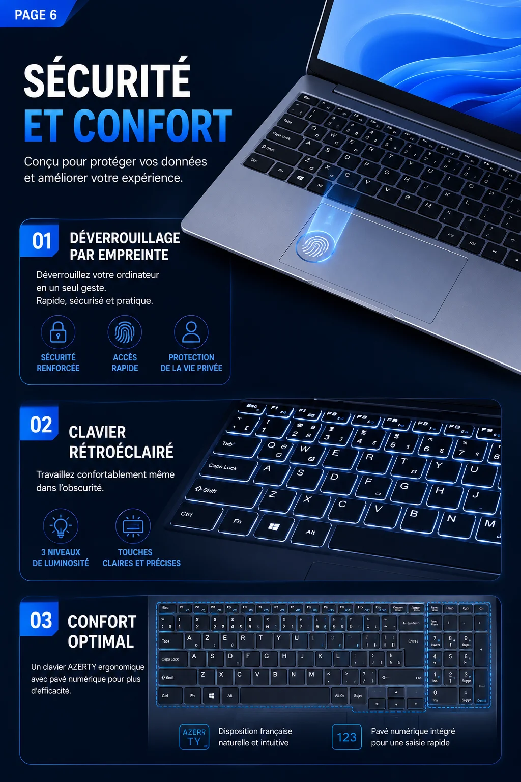15.6-inch Full HD IPS Laptop with Intel Core i3, Windows 11 Pro, 16 GB RAM, 512 GB SSD, Wi‑Fi 5, Bluetooth 5.0, French keyboard, keyboard protective film, fingerprint reader, lightweight laptop for students, work, and desk use, 1920x1080 display