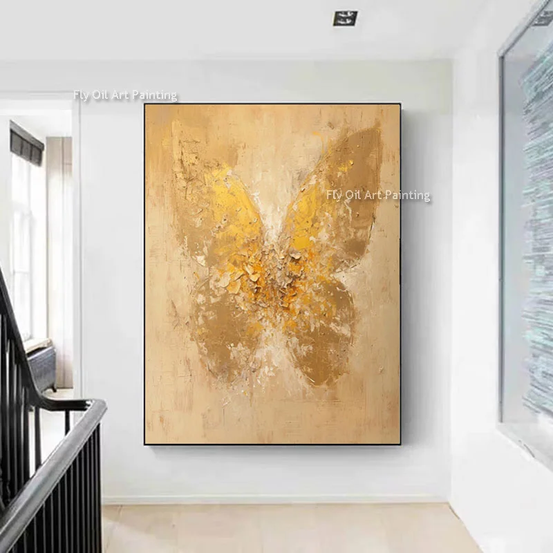100% Hand Painted Abstract Golden Butterfly Oil Painting 3D Heavy Texture Canvas Wall Art Modern Luxury Pictures for Living Room