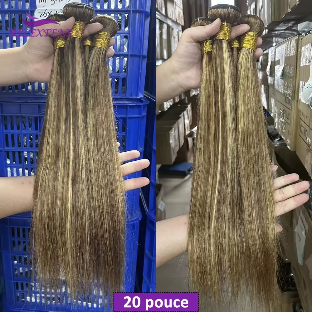 Fasci di capelli umani lisci con mèches, lunghezza 20-22 pollici, colore P4/27, 1/3/4 pezzi, fasci di capelli brasiliani con effetto ombré, colore biondo miele, per applicazioni e extension.