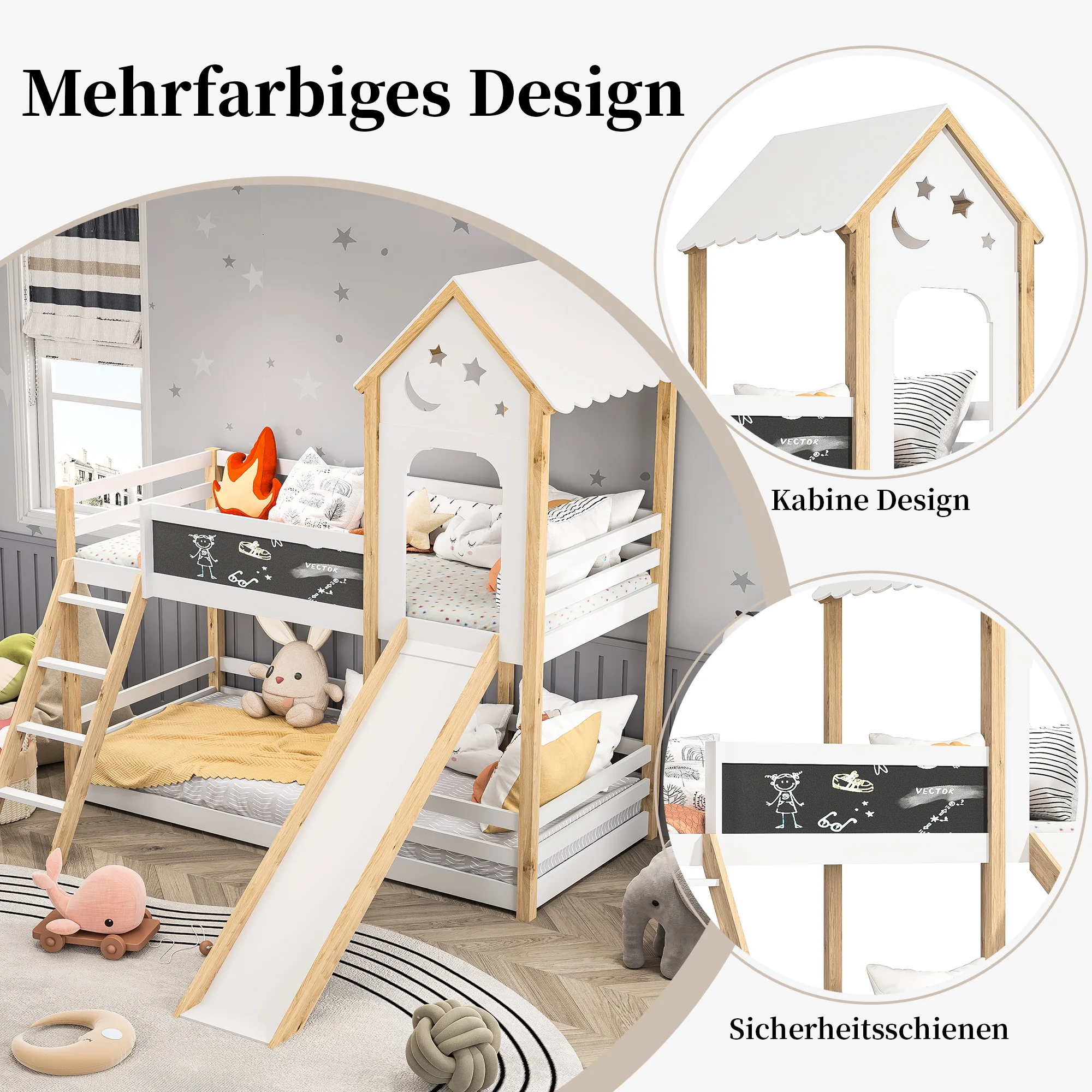 90x200cm Doppelbett mit Treppe und Rutsche, Bett mit Zaun, Bett mit Kinder tafel, umwelt freundliches Massivholz