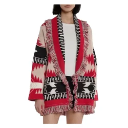 HIGH QUALITY Ethnic Boho Gypsy Bohemian Stylish Women's Cashmere Wool Jacquard Print Fringed Belted  Wrap Cardigan In Red