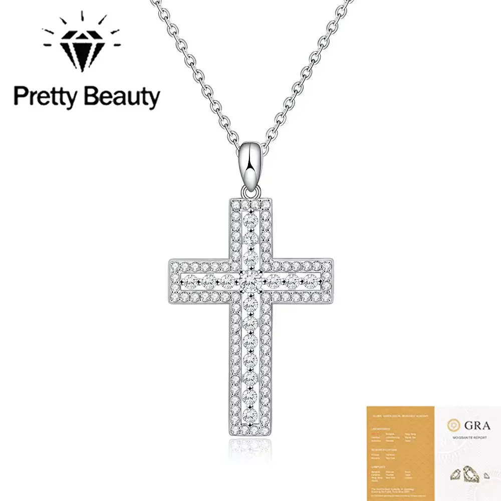 

Pretty Beauty 925 Silver Moissanite Cross Necklace White Gold Plated Pave Cross Pendant Faith Christian Jewelry Gift for Women
