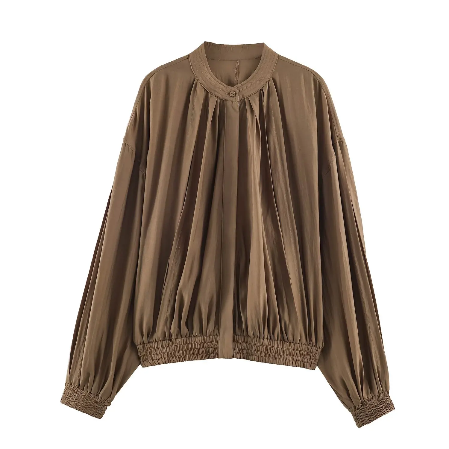 Women Autumn Brown Pleated Blouse Stand Collar Long Sleeve Loose Fit Elastic Hem Shirt Tops Vintage Chic Casual Streetwear