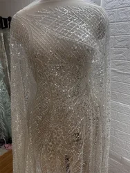 Silver Beads Sequins Sprarke Fabric Off White Tulle Embroidery party Gown Wedding Dress Lace Fabic 1 Yard