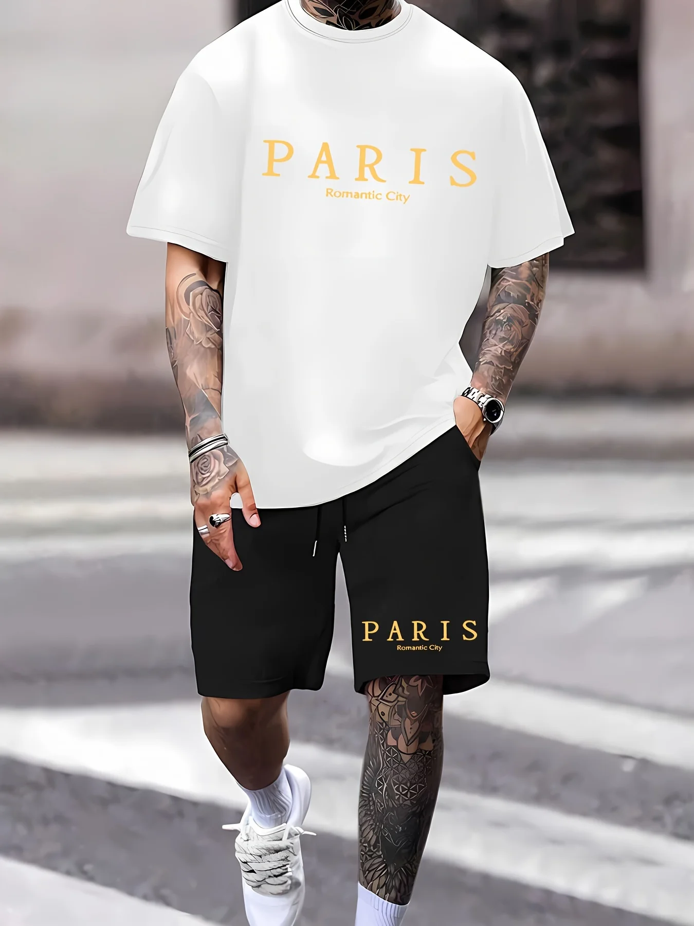 

European and American Summer Men's Letter Printed Soft Breathable Round Neck T-shirt Shorts Set Outdoor Fashion Casual Clothing