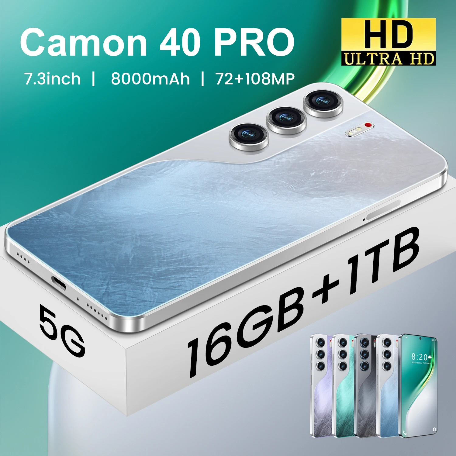 New Model Camon 40 Pro 7.3 Smartphone 5G Android, Supports Dual SIM Card Functionality, WiFi, GPS, and Google Tab.
