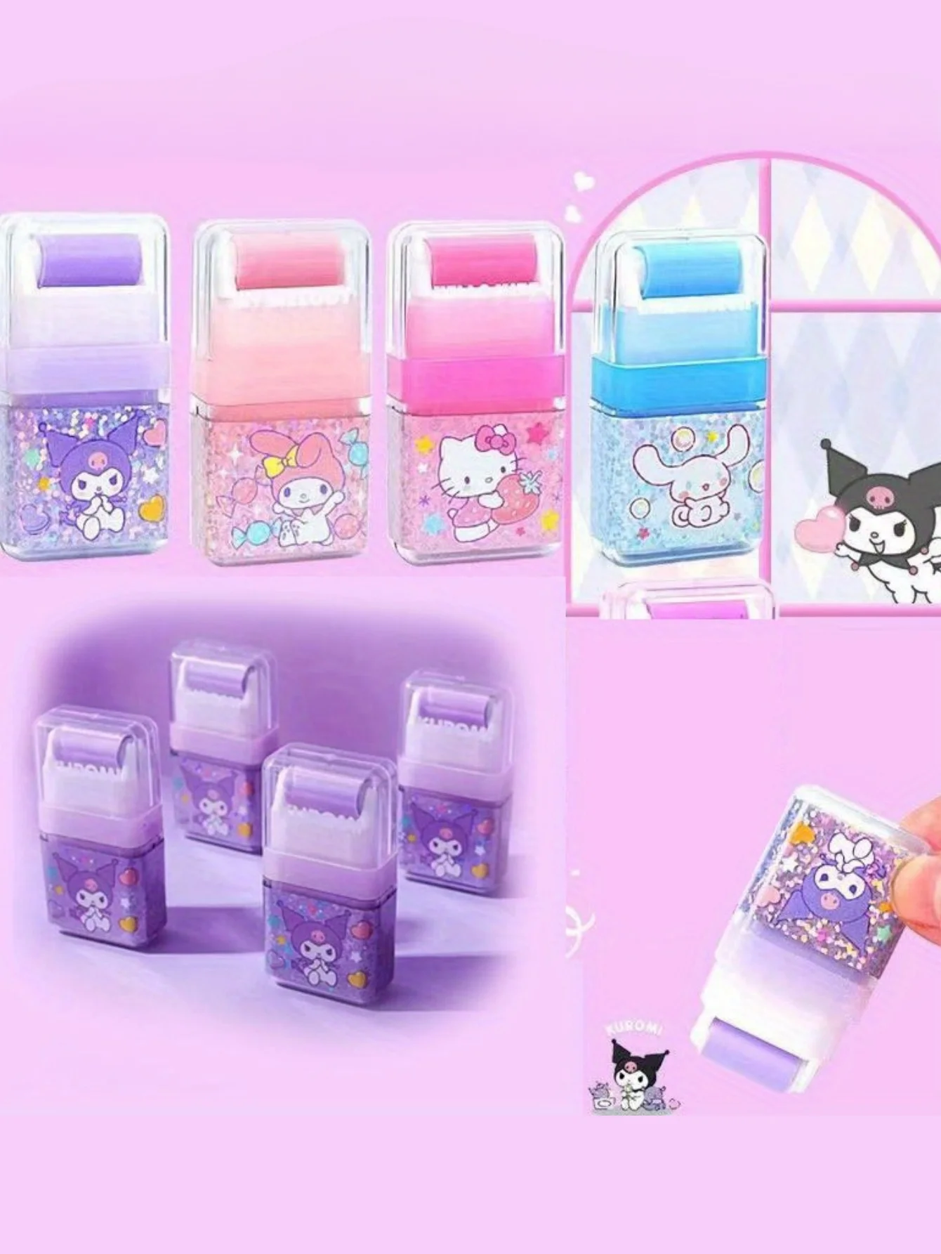 1/4pcs HelloKitty My Melody Kuromi Cinnamoroll Borracha fofa e criativa com borracha de rolo de imagem de desenho animado