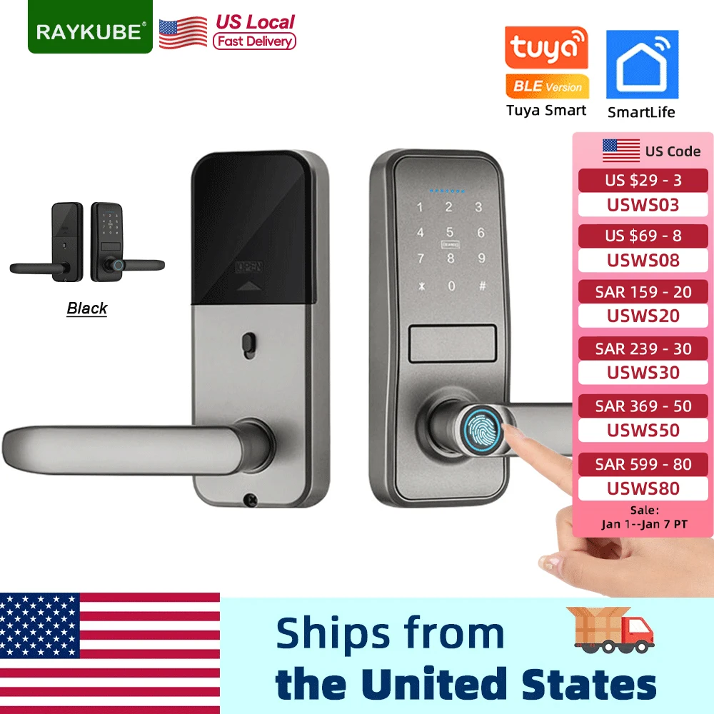 RAYKUBE P13 Smart Biometric Fingerprint Door Lock Electronic Door Lock Tuya App Fingerprint/ Password/ Card Unlock From USA