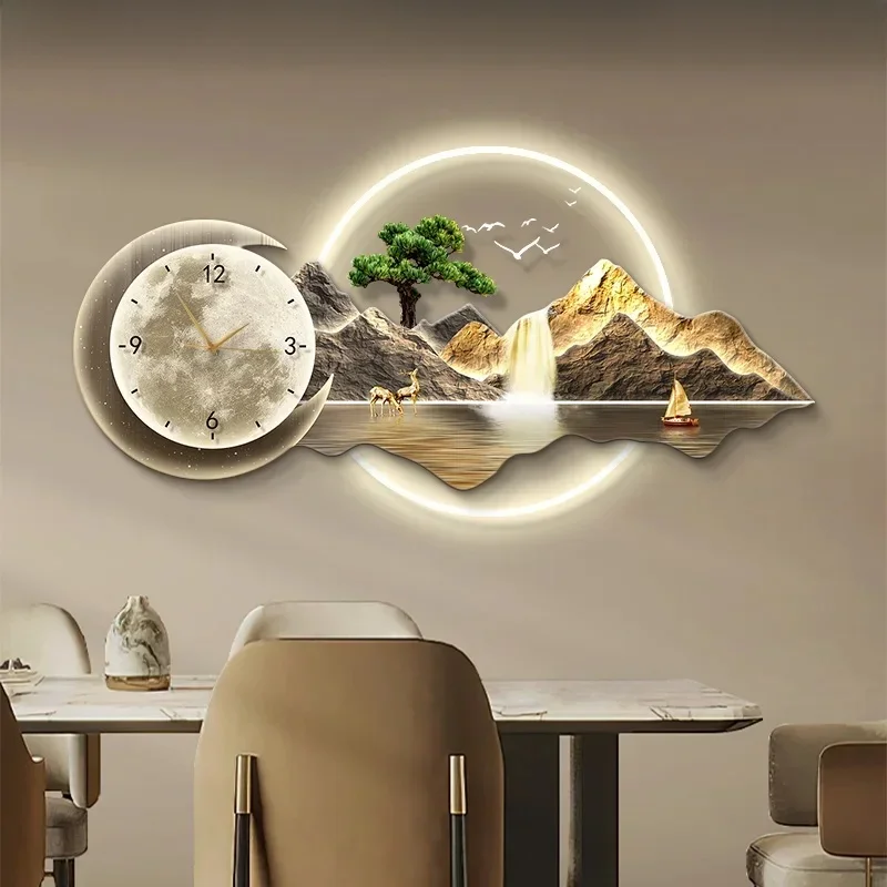 NONE Décoration de Restaurant peinture horloge silencieux luxe haute qualité paysage lumineux Mural 3
