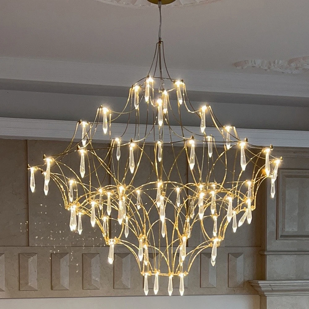 Cube Design Crystal LED Chandelier For Living Room Bedroom Luxury Home Decoration Modern Style Golden Hanging Light Fixture