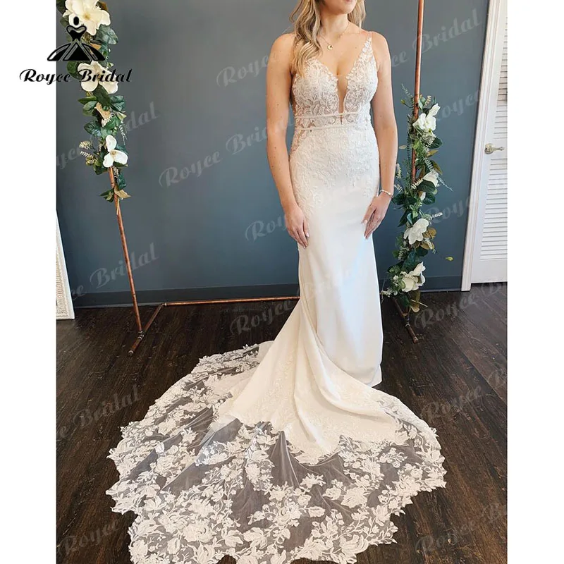 Boho Mermaid/Trumpet Sleeveless Wedding Dress Lace Appliuqes V Neck 2022 Robe Civil Satin Open Back Cut-out robe mariée sirene