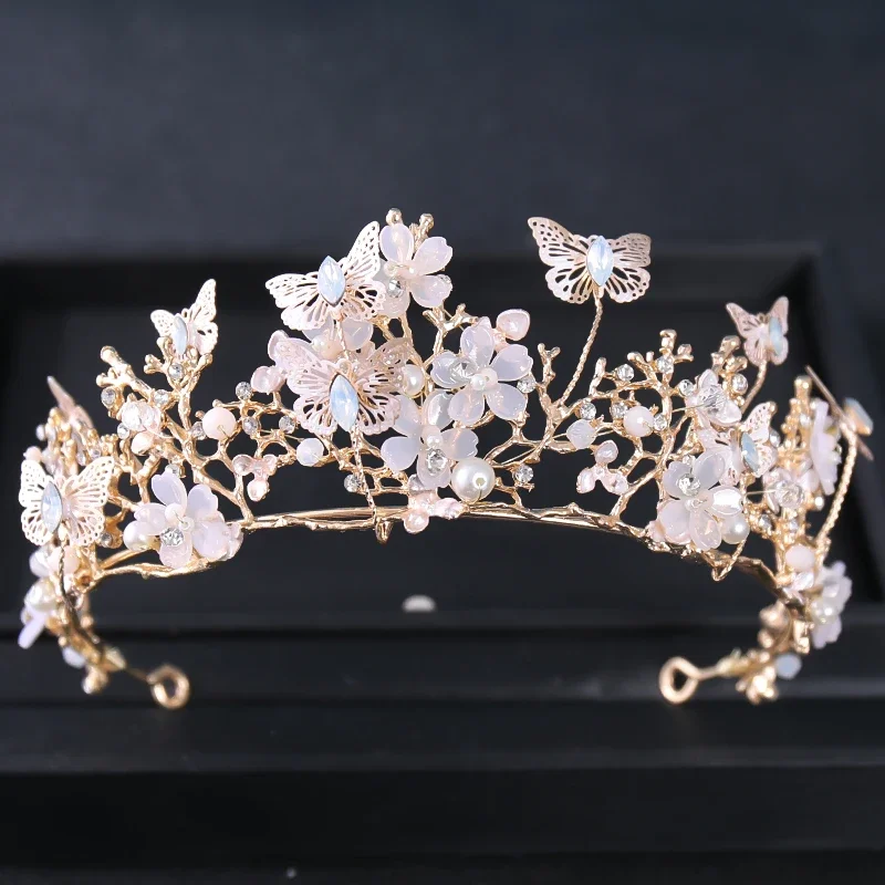 Image of Baroque Pearl Rhinestone Crown Flower Butterfly Princess Tiara Headband Hairband Women Bridal Wedding Hair Accessories Jewelry