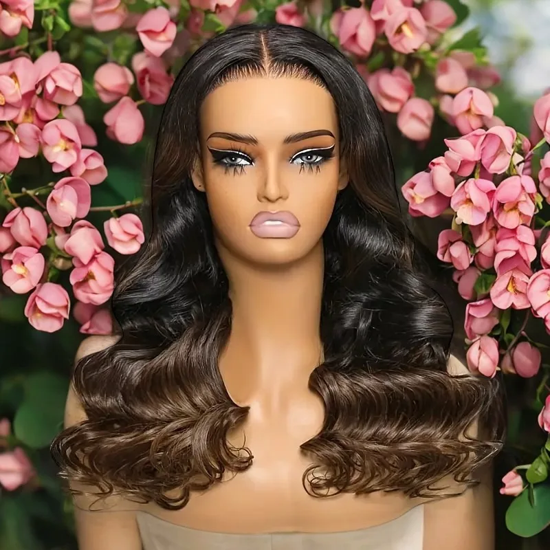 Ombre Brown Body Wave Wig - Glueless Pre Cut Lace Front Human Hair Wig - Chestnut Brown with Dark Roots Loose Wave Pre Bleached