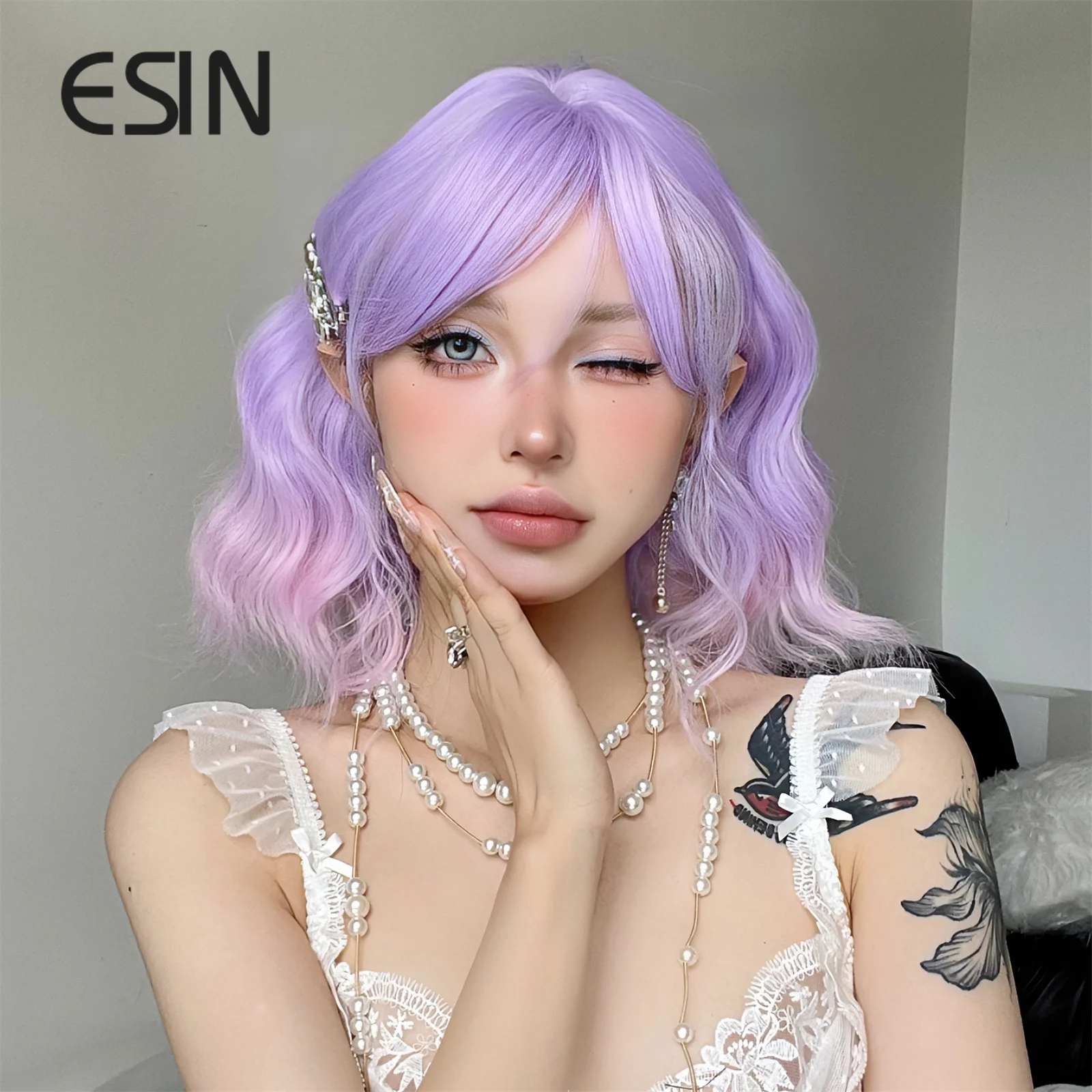 ESIN Synthetic Purple Wavy Bob Wigs Medium Gradient Long Loose Body Wave Wig with Bangs Cosplay Daily Natural Wigs for Women