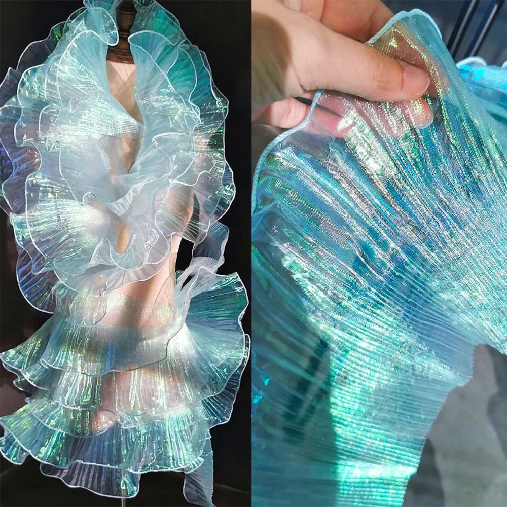 Kanten rand organza stof zeemeermin gegolfd transparant iriserend laser geplooid voor patchwork rokken bruiloft naaien kostuum aanbod - afbeelding 2