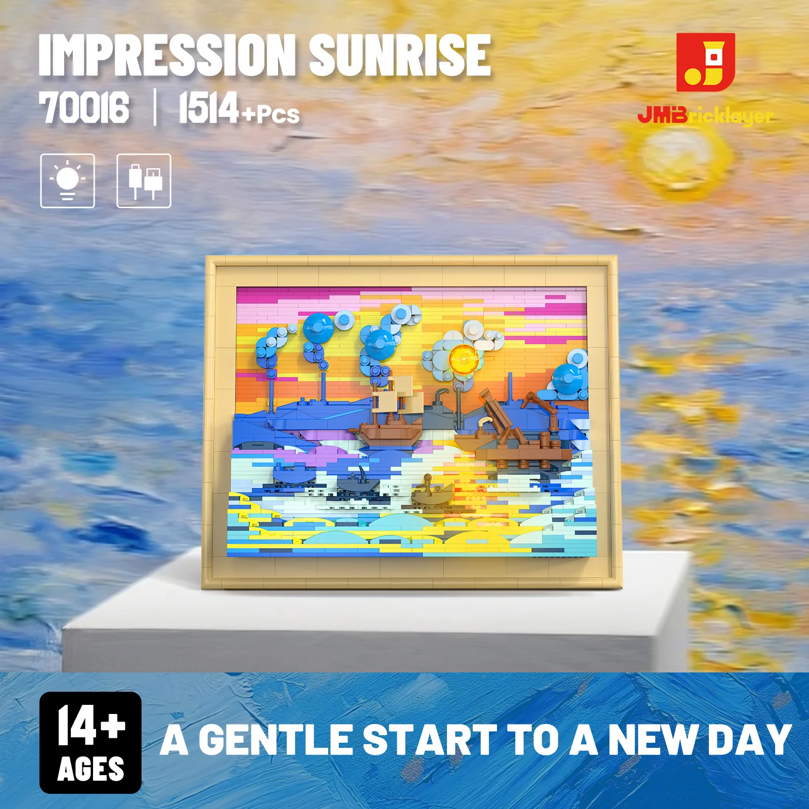 JMBricklayer 1834PCS Impression Sunrise Wall Art Building Blocks LED Light Up Framed Famous Painting Claude Monet DIY Model Kit Compatible Bricks Home Office Decor Artwork Gift for Adults Women Men Birthday Christmas Anniversary Housewarming