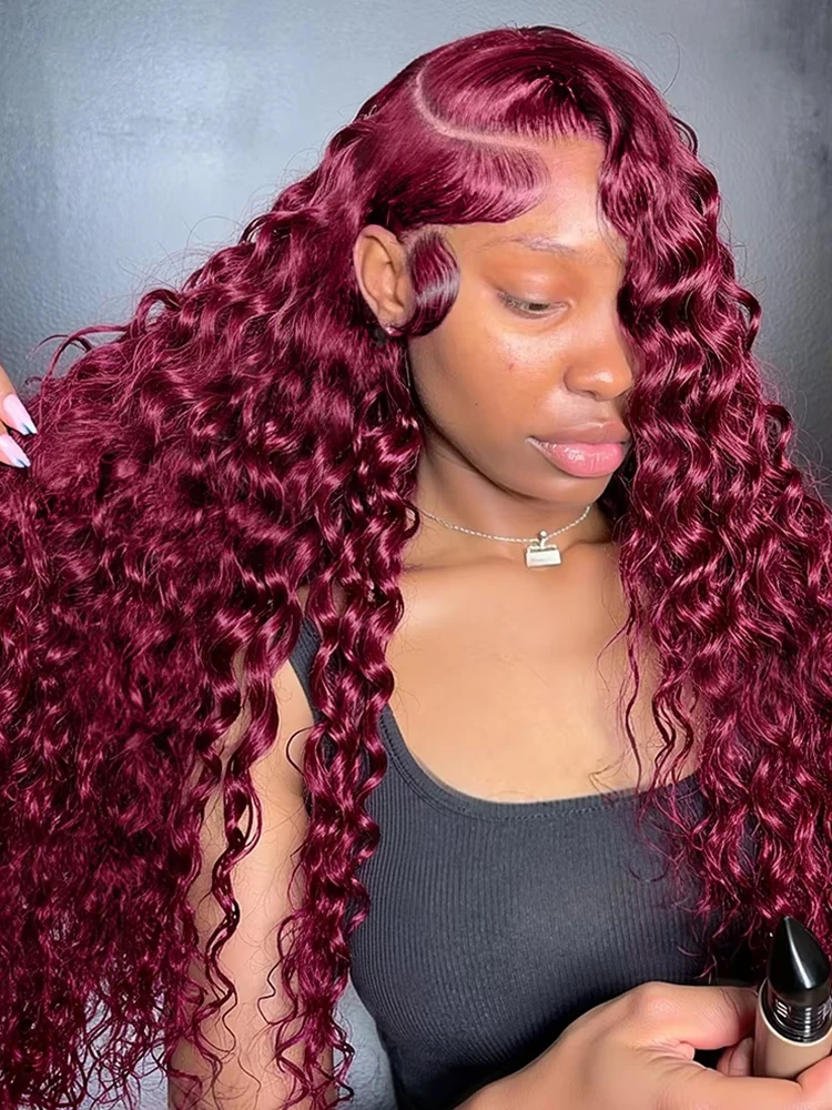 

30 Inch Burgundy Lace front Wigs Human Hair 99J Deep Wave 13x6 HD Transparent Lace Frontal Wigs For Women Wine Red Colour Wig