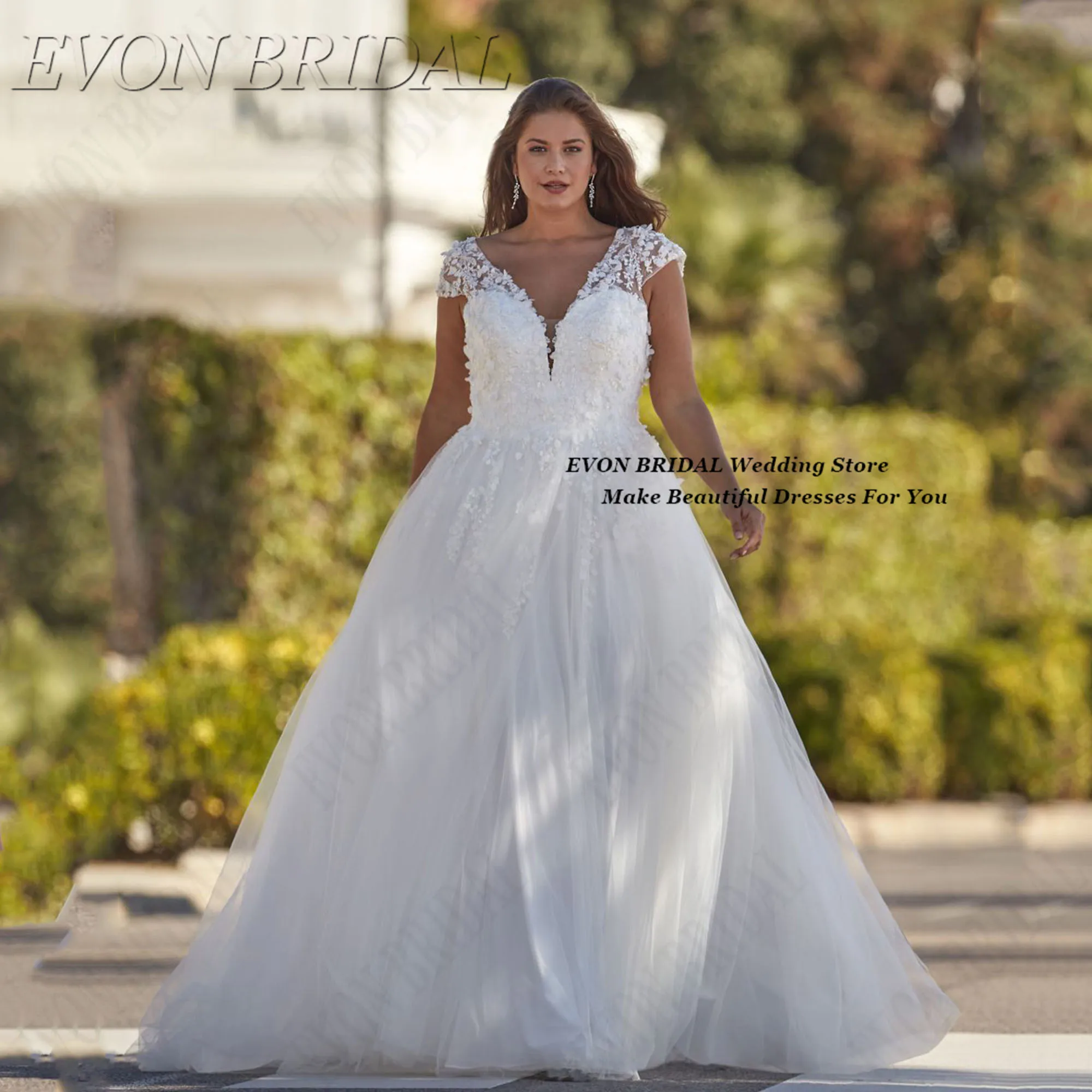 

Cap Sleeve Bride Dress Plus Sizes Civil Appliques Wedding Brides Dresses Small Train Bridal Party Gown EVON BRIDAL Customized