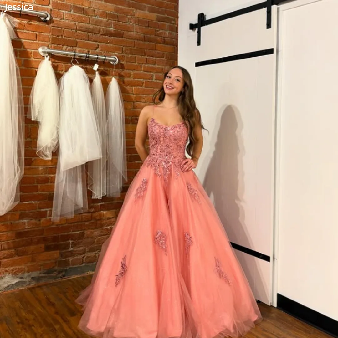 

Jessica Glitter Sequin Embroidery Evening Dresses Sweet Pink Prom Dresses Off-the-shoulder A-line Formal Occasions Party Dresses