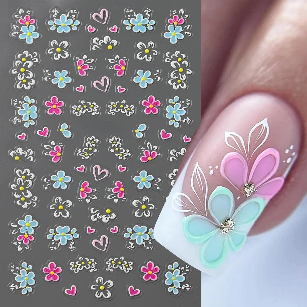 Autocollants 5D pour ongles, motifs floraux roses et bleus, pétales, feuilles, plantes en relief, décalcomanies pour ongles, design floral printemps-été pour fournitures DIY de manucure