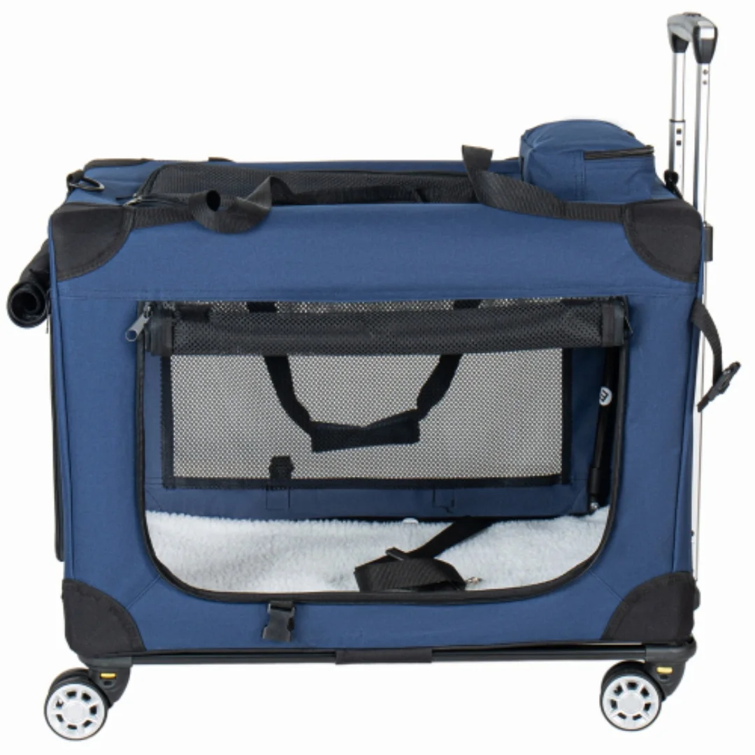 2-in-1 opvouwbare hondenmand op wielen, 60 cm met 3 gaasdeuren, voor gebruik binnen, buiten en op reis