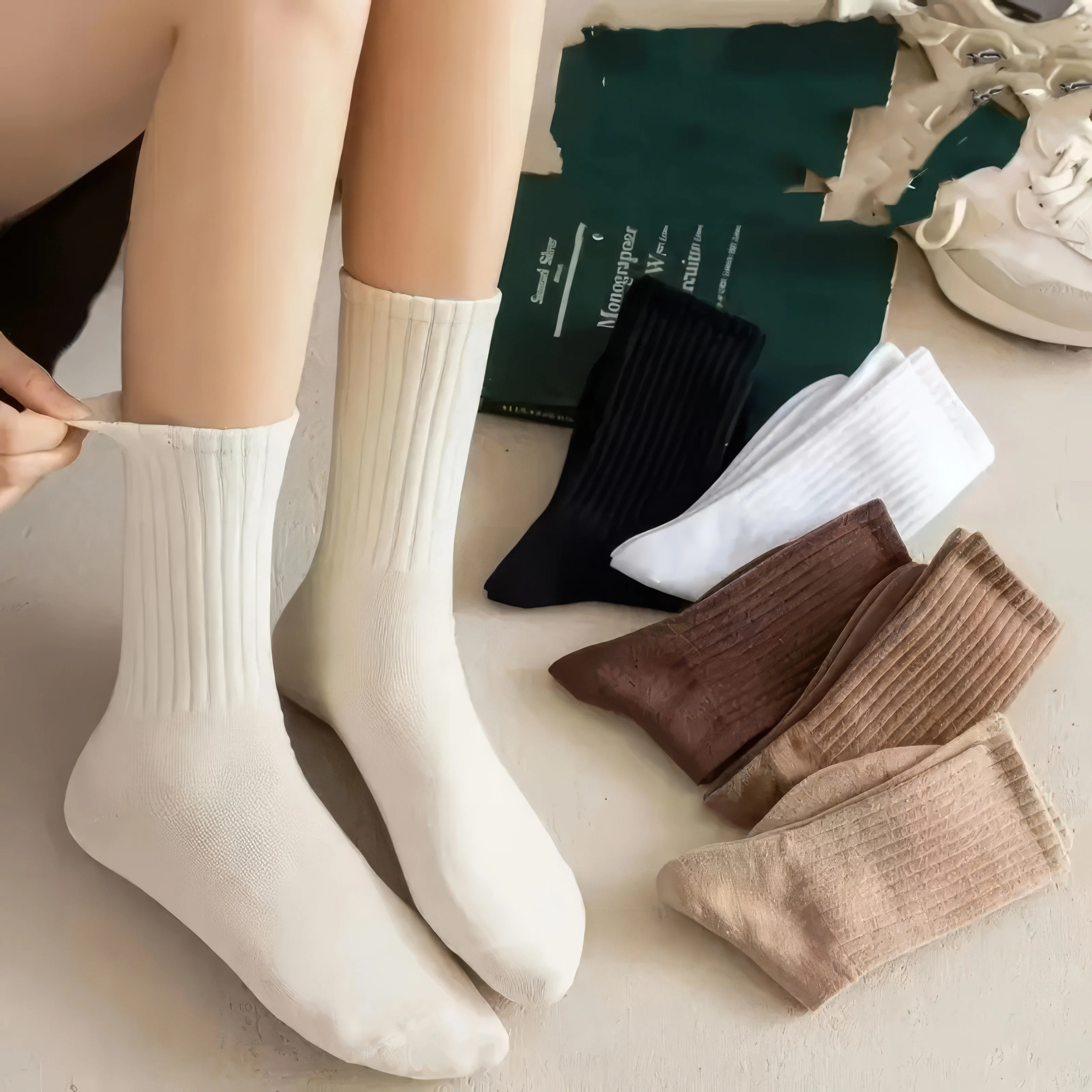 مجموعة 5 أزواج من الجوارب ذات الأساور المدرفلة متعددة الألوان - محبوكة مضلعة وناعمة ومرنة، أسود/بني/بيج/أبيض ملابس مريحة يومية #6