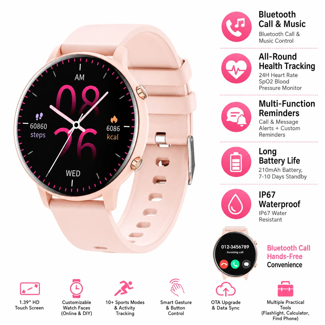 1,39'' HD 360*360 Smartwatch mit Bluetooth-Anruffunktion, BLE5.2 IP67 Wasserdichter Fitness-Tracker, Echtzeit-Herzfrequenzmessung, Multisport