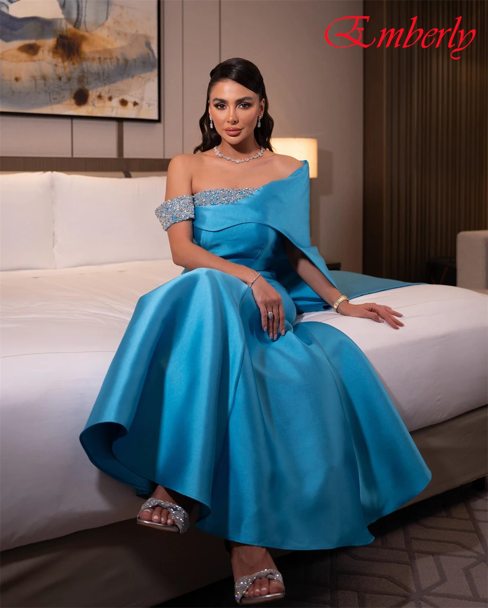 Customized Off the Shoulder Satin Mermaid Evening Dress Sparkly Crystal Party Dresses Temperament Special Occasion Gowns