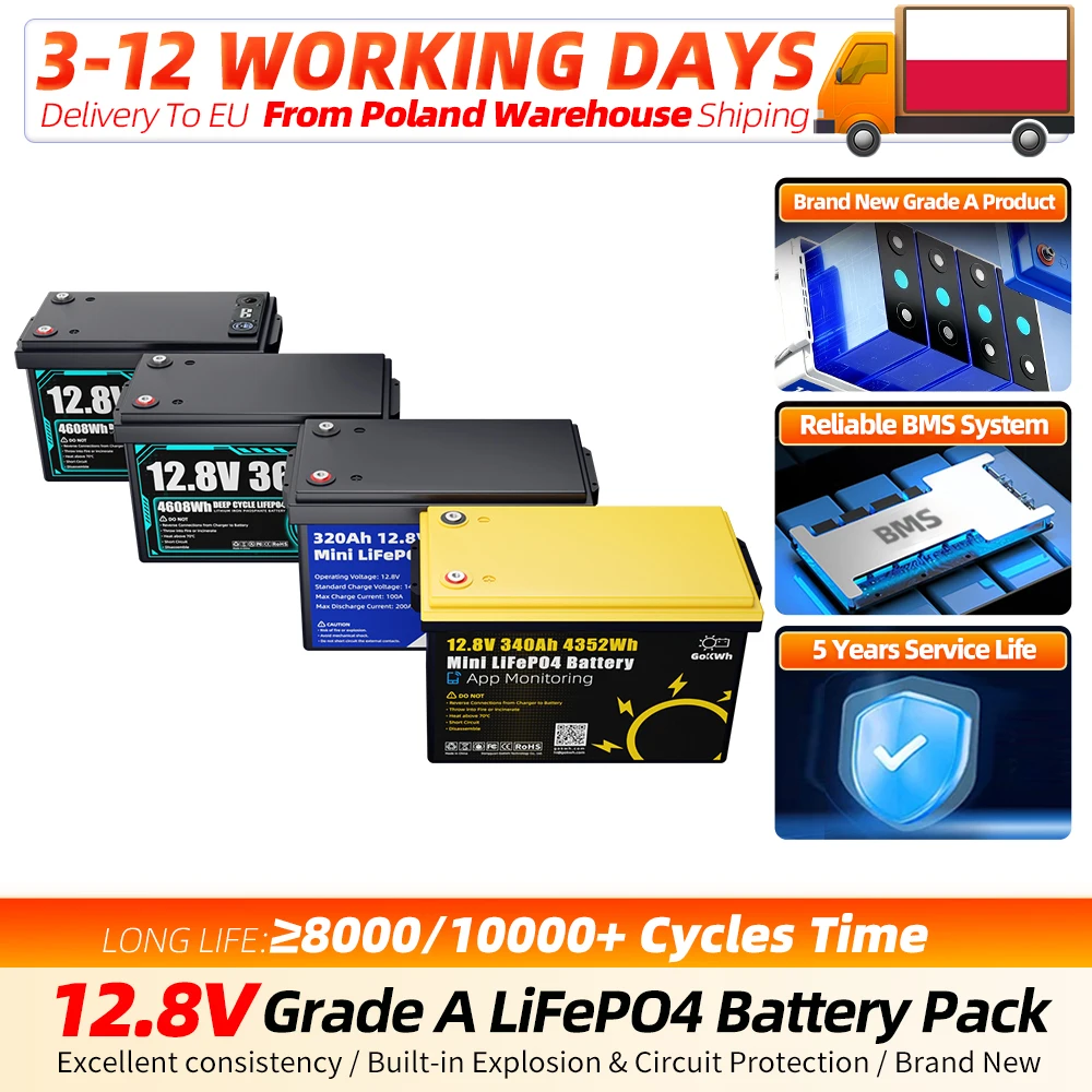 12,8V 320AH 340AH 360AH Lifepo4-Batteriepack Klasse A mit eingebautem BMS, 8000-10000 Zyklen, wiederaufladbar, neue multifunktionale Lithium-Batterie für DIY-Stromsysteme, Heimsolarenergie