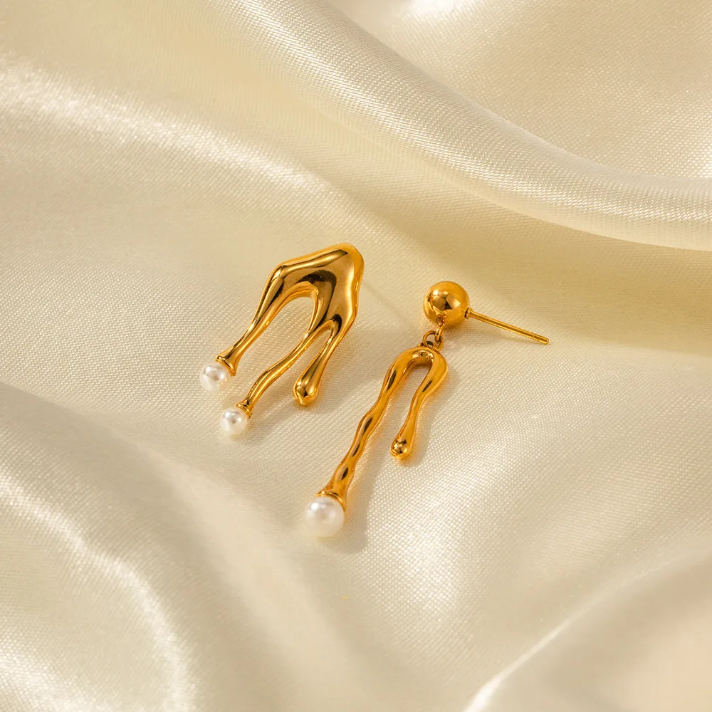 Popular Stainless Steel Inlaid Pearl Liquid Earrings Fashionable Temperament Asymmetrical Ear Accessories