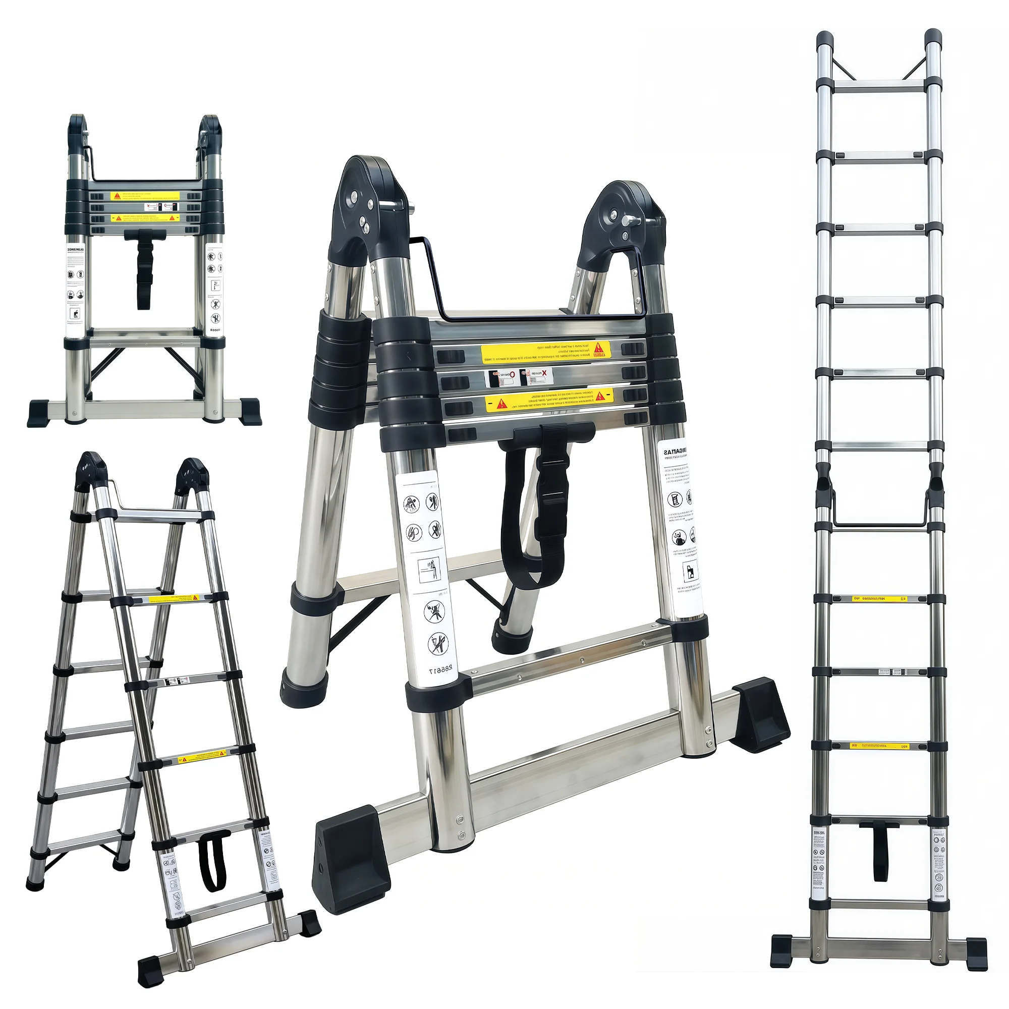 Edelstahl Teleskopleiter mit Ein‑Knopf‑Einzug 3,8M‑5,0M, tragbar, EN131 zertifiziert, 150kg maximale Tragfähigkeit, abnehmbare Haken & Stabilisatorstange, rutschfeste Mehrzweck‑Leiter für Innen‑ und