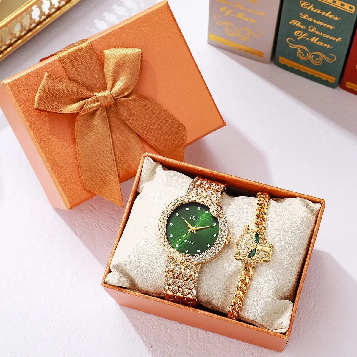 Quarzuhr Damen Quarzuhr Schmuckset mit Panter-Armband,Geschenk für Frauen (Luxus Geschenkset mit goldener Damenuhr, Smaragdgrünem Zifferblatt & Zirkonia-Schmuck für Frauen, Valentinstag, Geburtstag,