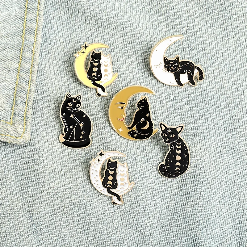 Épingles en émail de chat et de lune, bijoux punk, insigne de broche en alliage, amour, crème glacée, chat, café, planète, magicien, lunettes, livre magique