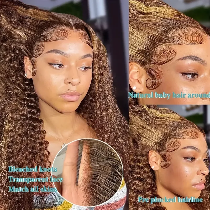 30Inch Highlight Honey Brown Curly Lace Front Human Hair Wigs 13x6 13x4 Ombre Colored kinky curly Lace Frontal Wig Pre Plucked