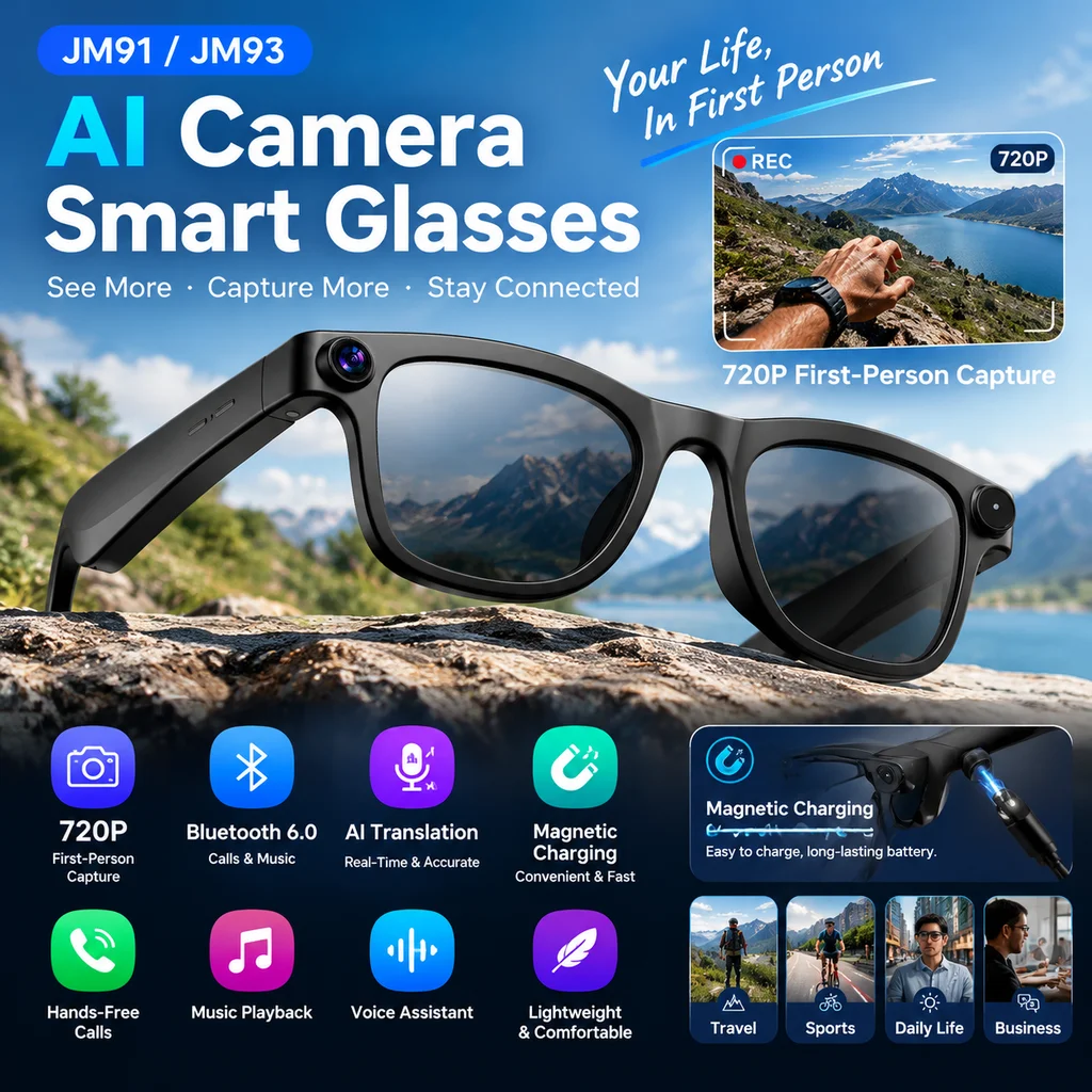 AI Camera Smart Glasses, 720P First-Person Capture, Bluetooth 6.0 Calls and Music, AI Translation and Magnetic Charging