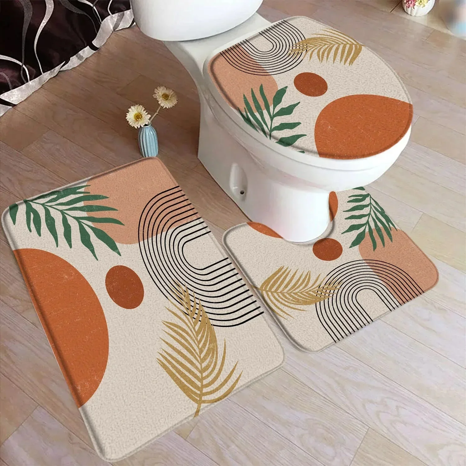 Abstrakcyjna mata łazienkowa z połowy wieku Czarna linia Zielony liść Nowoczesny geometryczny dywan Boho Home Dekoracja łazienki Dywaniki podłogowe Pokrywa toalety — zdjęcie 2