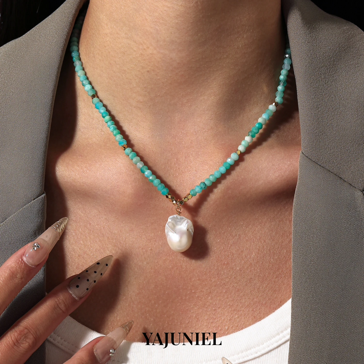 YAJUNIEL Natural Amazonite Gemstones Necklace with Freshwater Baroque Pearl Pendant Hypoallergenic Summer Boho Jewelry for Women
