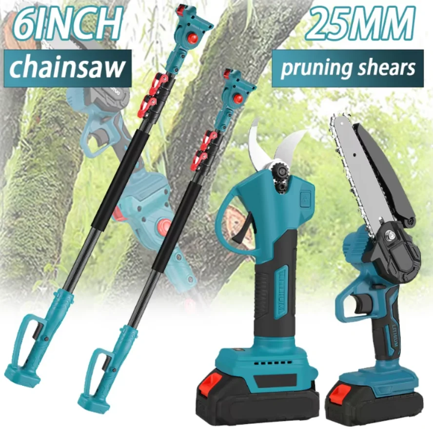 600W Akku-Astschere 25MM für hohe Äste, 6 Zoll elektrische Kettensäge, 2M Verlängerungsstange, Gartentrimmer für Makita 18V Akku