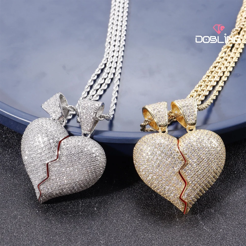 Iced Out Broken Heart And Together Heart Couple Pendant Personalized CZ Couple Love Pendant Punk Jewelry Gift For Her Him