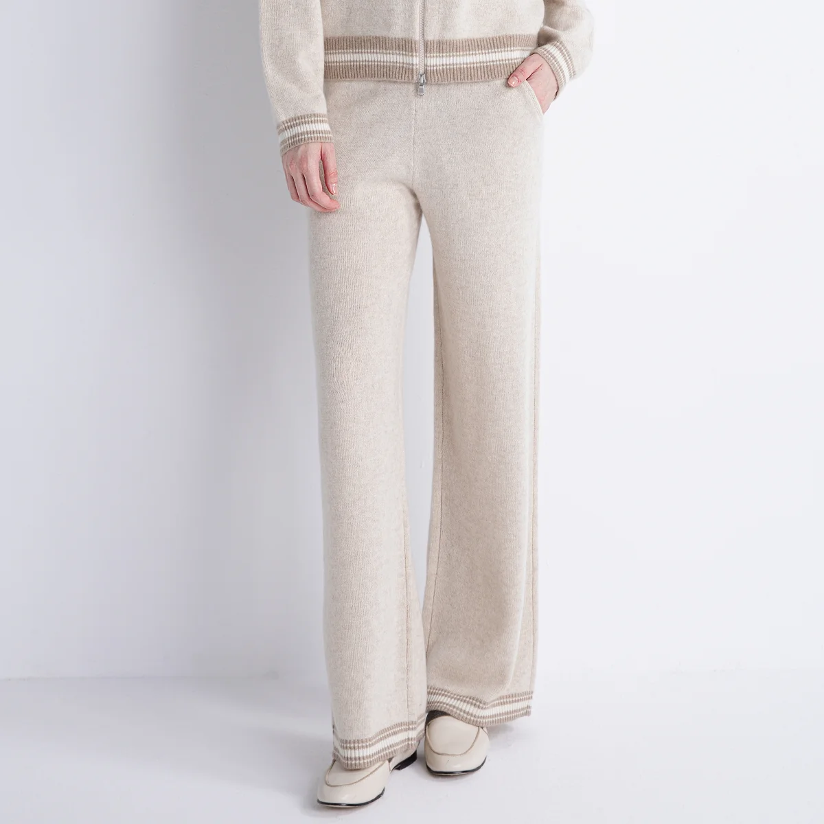 TX852153 Luxury Women’s 100% Cashmere Wide-Leg LP Pants Soft High-End Pure Cashmere Knit Trousers