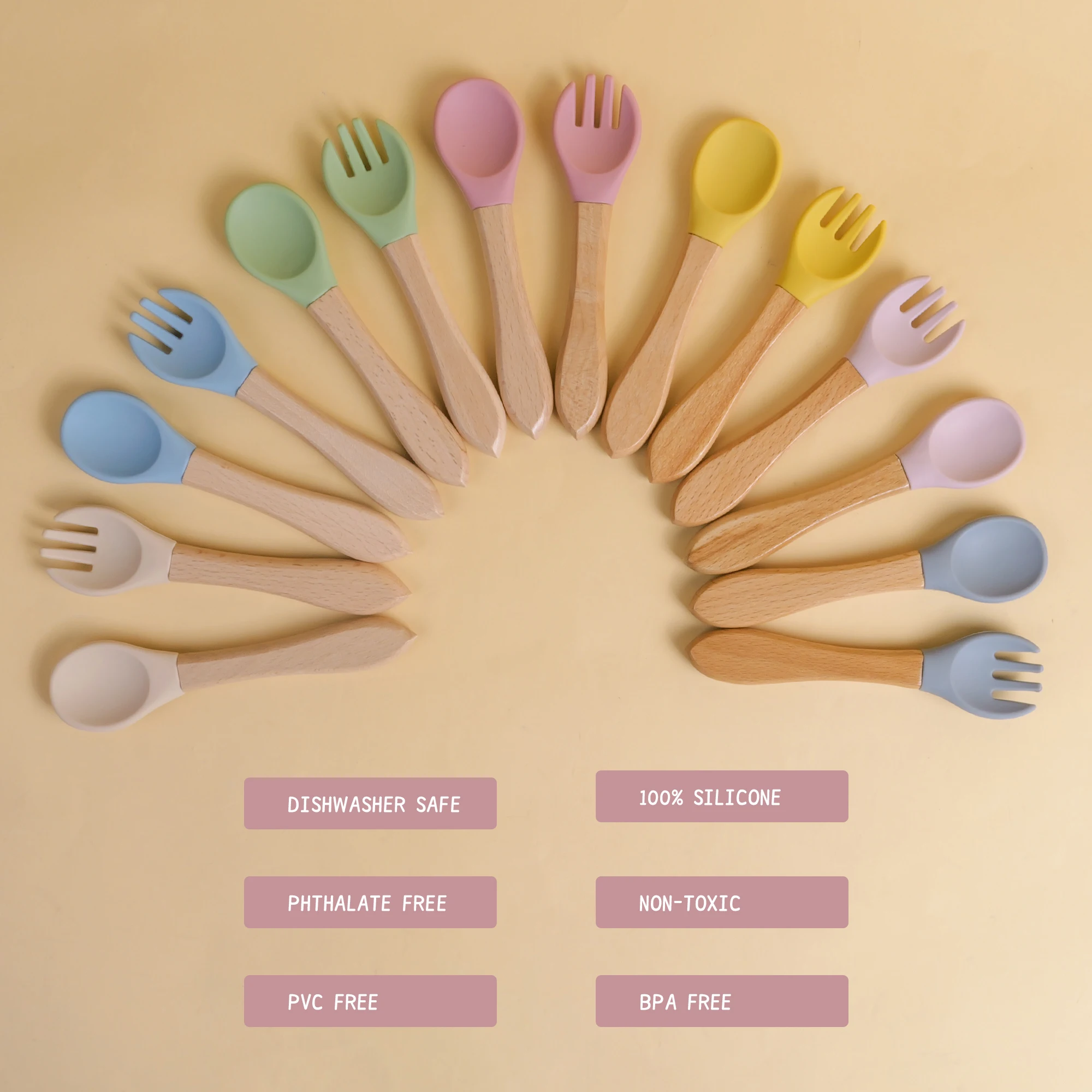 TYRY.HU 1Set Baby Silicone Fork Spoon Set Wooden Handle Children Silicone Feeding Fork Spoon Set Christmas Gift Birthday Gift