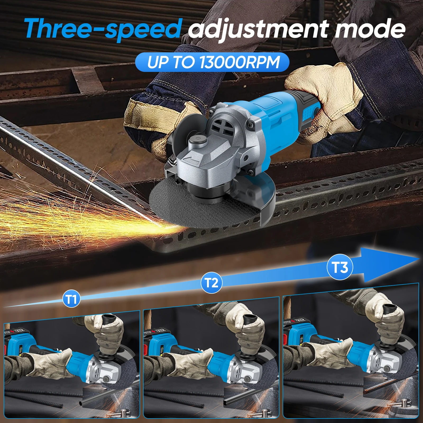 125mm 21V Bürstenloser Winkelschleifer 3-Gang Kabellose Holzbearbeitungs-Schneidemaschine Elektrowerkzeug Kompatibel mit Makita 21V Akku – Detail 4