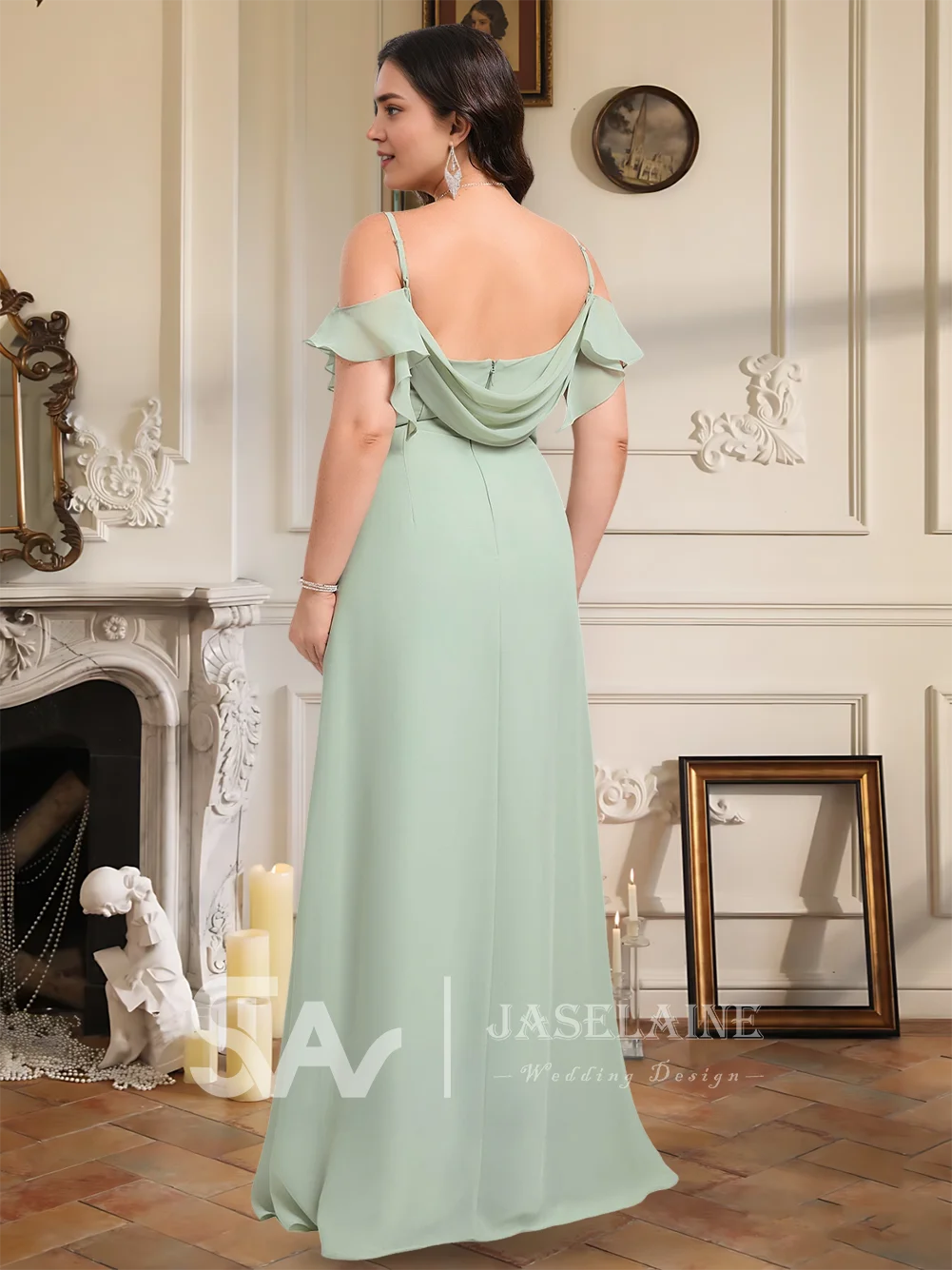 Роскошные шифоновые платья трапециевидной формы длиной до пола с открытыми плечами и рюшами для подружек невесты с разрезом на тонких бретельках с V-образным вырезом на спине, свадебная вечеринка