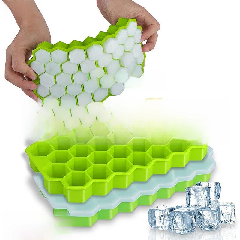 Silicone Ice Cube Mold com tampas, Bandejas de grande capacidade, comestível, reutilizável, sem BPA,