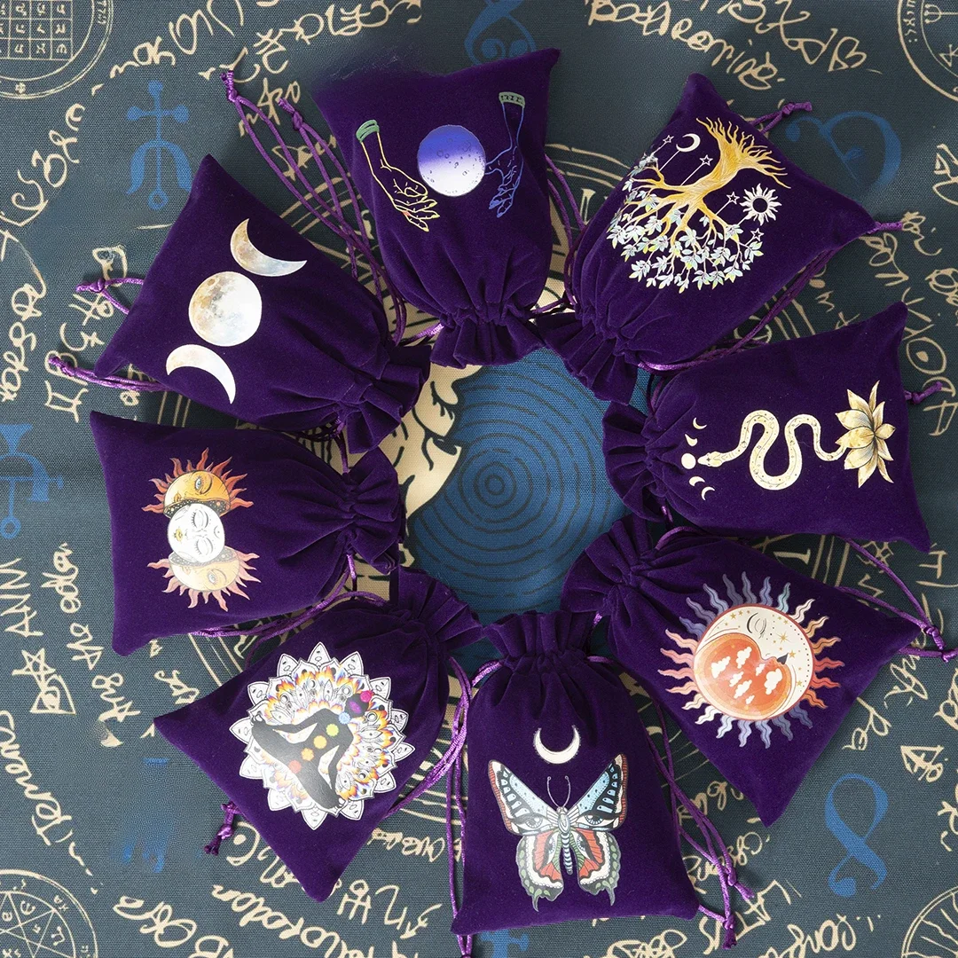 Sac de rangement en velours pour autel de tarot, broderie de proximité, wstring GT, fournitures de sorcellerie, lune, soleil, cartes de jeu de société, poudres, 6 pièces