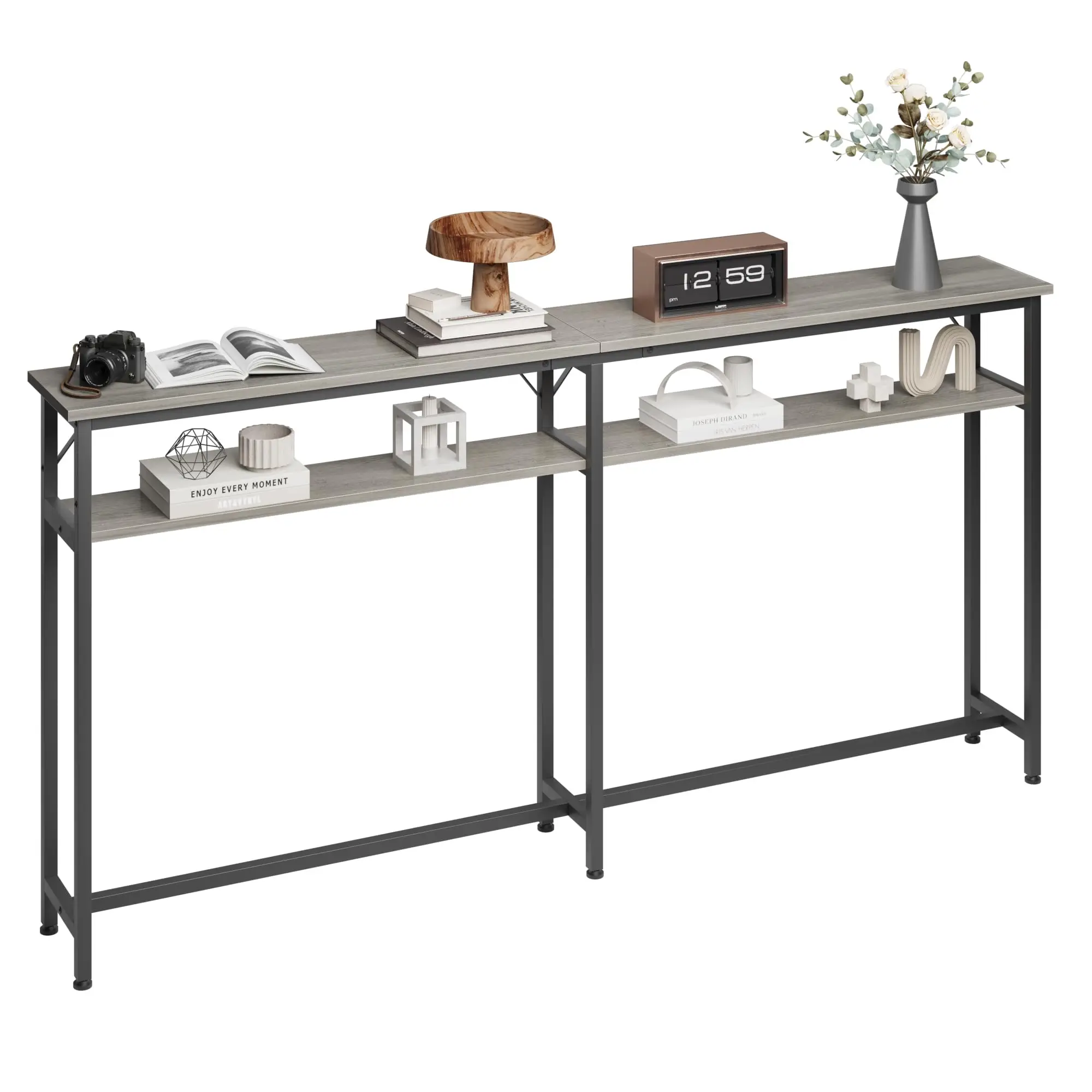 Schmaler Sofatisch, zweistöckiger Flurtisch mit Ablagefächern, Beistelltisch im Industriestil für Wohnzimmer und Büro, 180 cm la