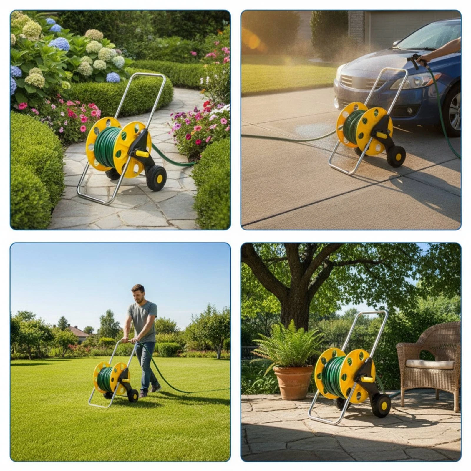 Garden Hose Reel Wagon Cart with Wheels Hand-Push Hose Reel Cart Outdoor Equipment for Gardeners Homeowners Yard Car Washing